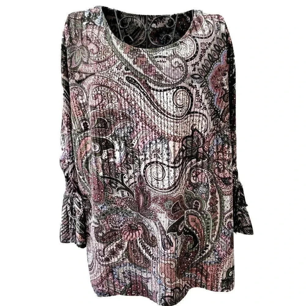 Cato Pullover Tunic Top XL Women's Paisley Burgundy Cream Stretch Bell Sleeve